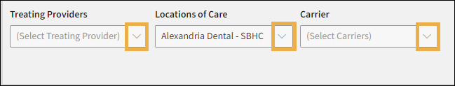 Report selection options with yellow highlight arrows around the drop down menu options.